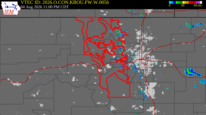 NWS active Red Flag Fire Warning boundary map for Gilpin County & 5 Surrounding Counties, CO