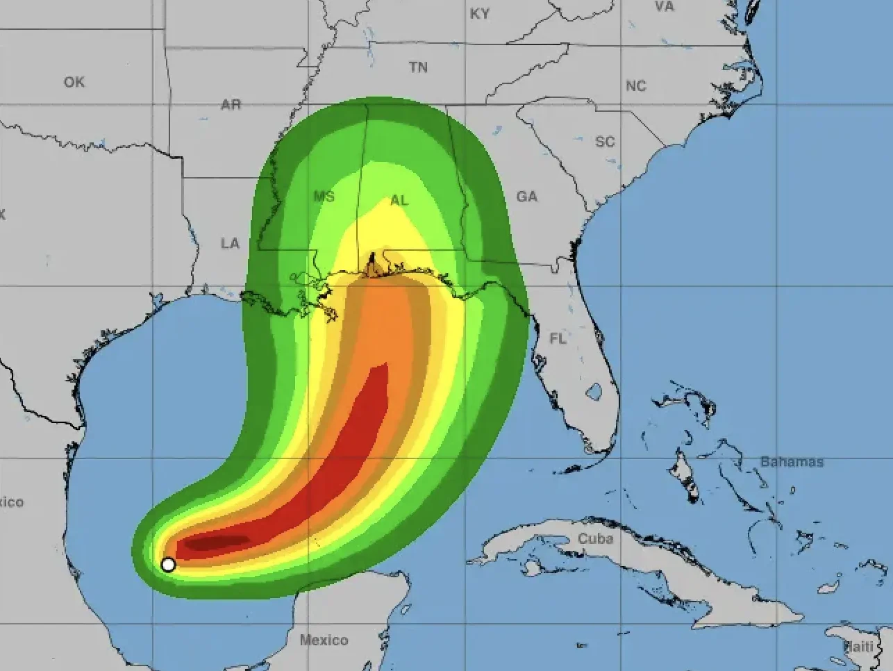 NOAA forecast map showing tropical-storm-force wind speed probabilities for Tropical Storm Isaias tracking toward the Florida Panhandle and Gulf Coast.