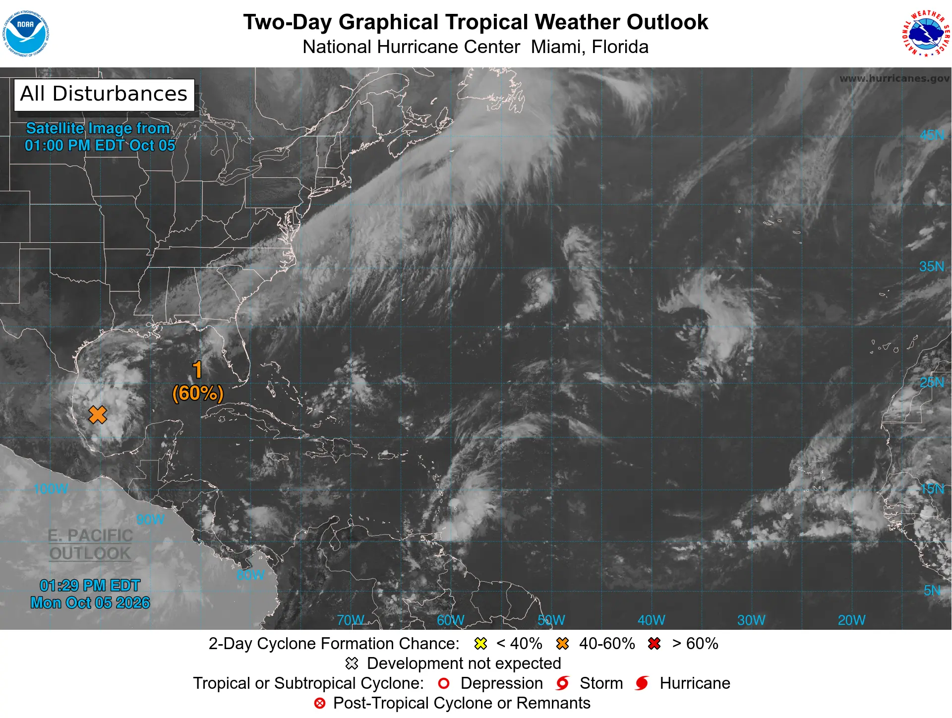 National Hurricane Center two-day graphical tropical weather outlook satellite map showing a 60 percent cyclone formation chance in the Bay of Campeche and southwestern Gulf of America.